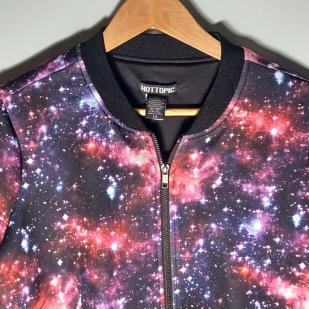Hot Topic Bomber Jacket Womens Large Galaxy Stars Spacecore Purple Punk Skater - Picture 2 of 10